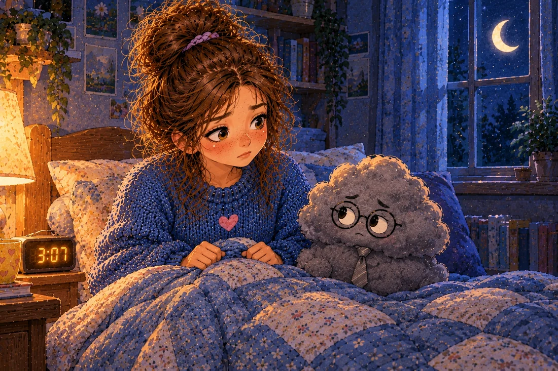 Lina sits upright in bed at 3 AM under a blue quilt while a small gloomy gray cloud wearing tiny round glasses sits on her blanket, a digital clock glowing 3:07 on the nightstand.