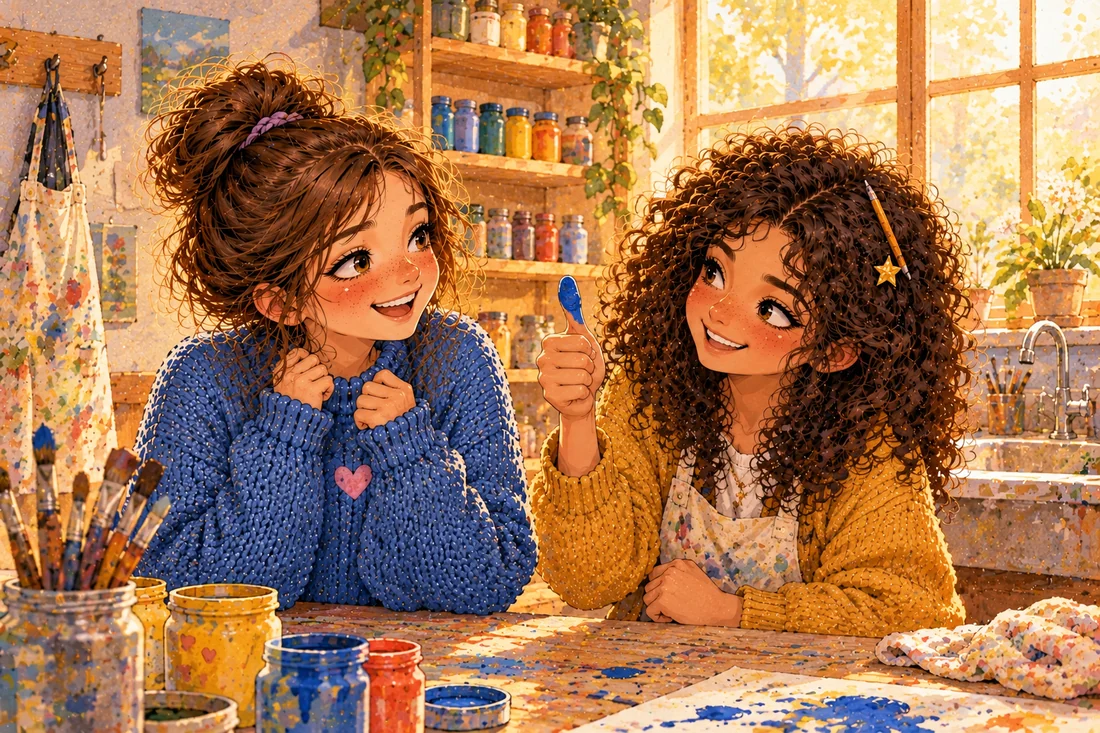 Lina and Zoe stand at the school art room sink among jars of colorful paint, Zoe holding up a blue-stained thumb while Lina laughs with relief.