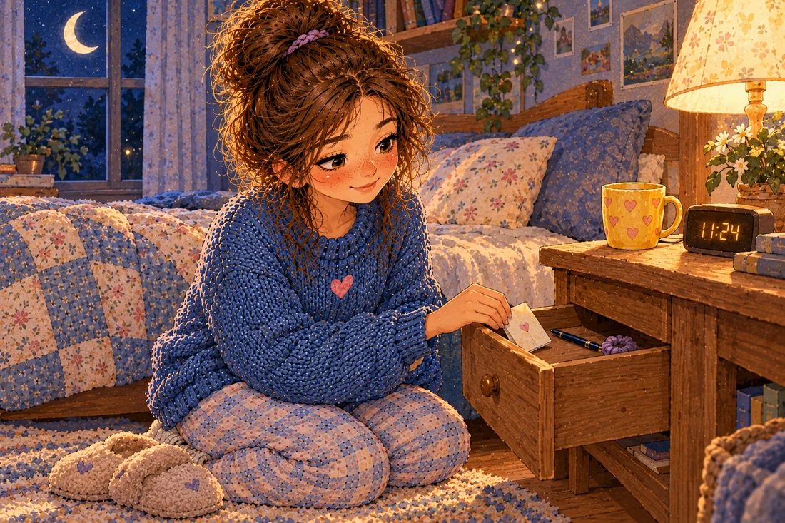Lina kneels by her bed in lamplight and slides a small folded card into her open nightstand drawer, a slipper, a yellow mug with little pink hearts and a glowing clock beside her.