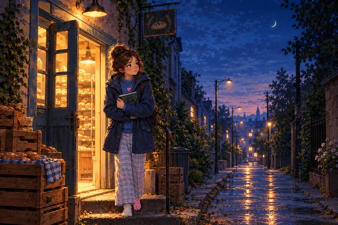 Lina stands on the lit back steps of a small bakery before dawn in pajama pants and a school coat, holding a library book.