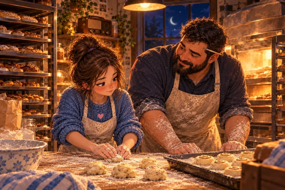 Lina shapes lumpy dough rolls at a floury table while Mr. Haddad, a large kind baker with a pencil behind his ear, watches with a smile.