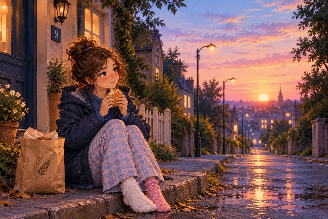 Lina sits on the curb at dawn in front of a house marked 9, eating a warm bread roll beside a paper bakery bag.