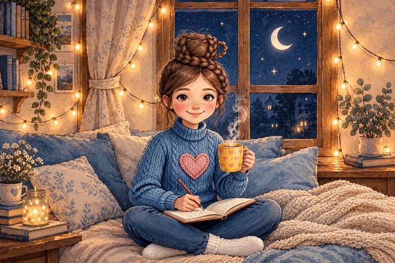 The same young woman sitting cross-legged on her bed with a yellow mug, writing in a notebook
