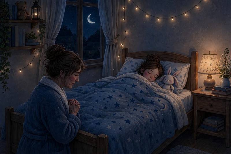 A mother kneeling beside her sleeping daughter’s bed at night, hands folded
