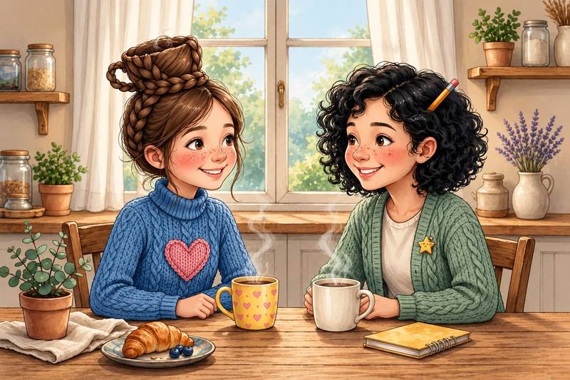 Two friends smiling over steaming mugs at a sunny kitchen table