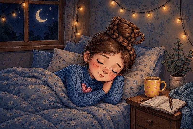 The young woman asleep and peaceful in bed, a mug of tea and an open notebook on the nightstand