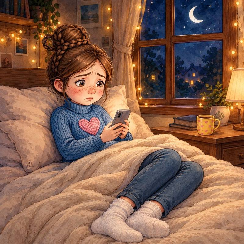 A young woman with a braided bun sits awake in bed at night, looking worried at her phone