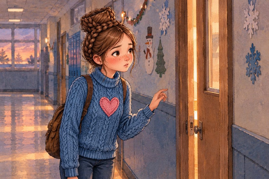 Lina stands in a school hallway at dusk, one hand raised toward a classroom door that is open a few inches, with warm light spilling out.