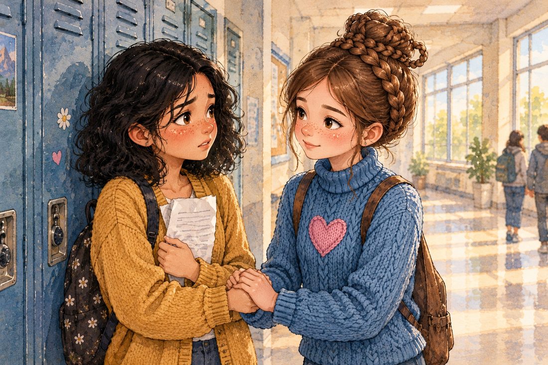 Lina holds both hands of her nervous friend Zoe, who clutches a crumpled audition sheet, beside the lockers.
