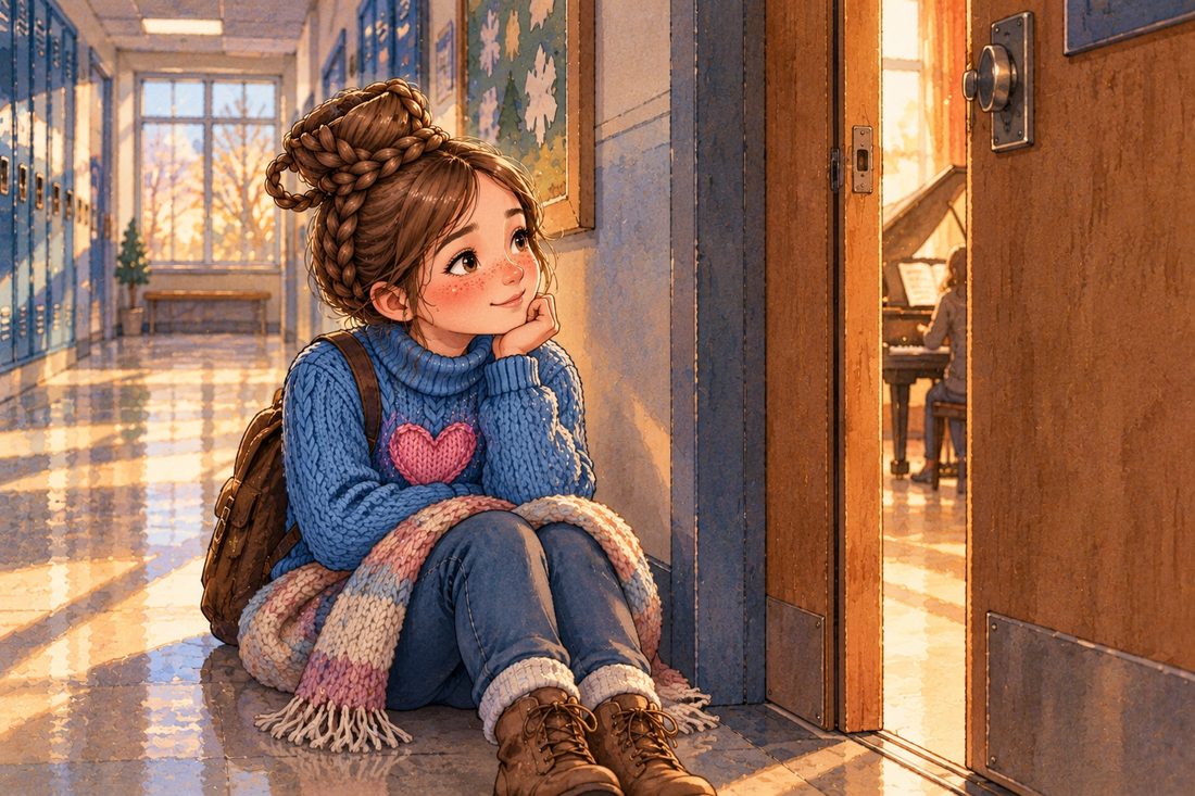 Lina sits on the hallway floor with a knitted scarf in her lap, smiling as she listens to piano music through a slightly open door.