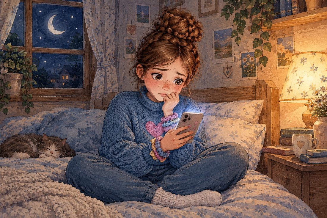 A young woman with a braided bun sits cross-legged on her bed at night, her phone glowing, hair ties lined up on her wrist