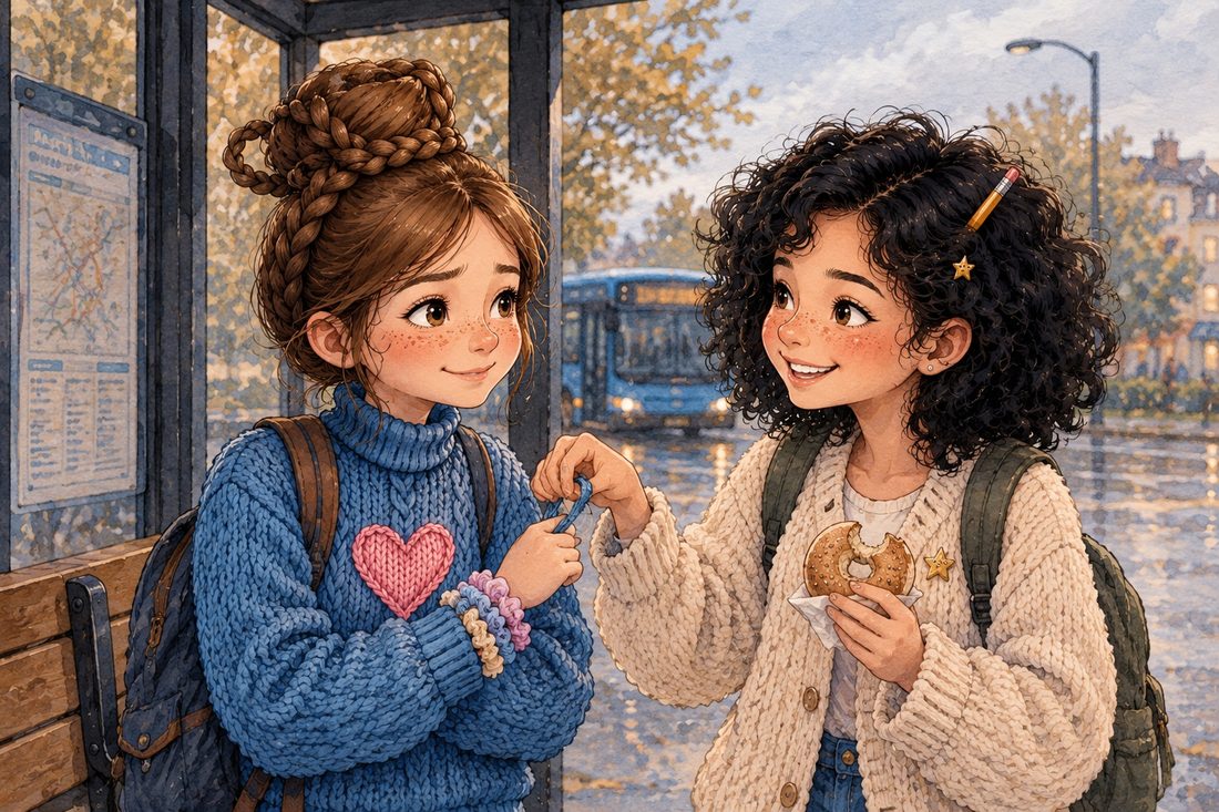 Two friends stand at a bus stop on a gray morning, one holding half a bagel while the other offers a blue hair tie from her wrist