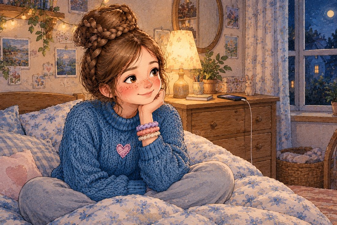 The same young woman in her lamplit bedroom at night, three hair ties on her wrist and a phone charging on the dresser behind her