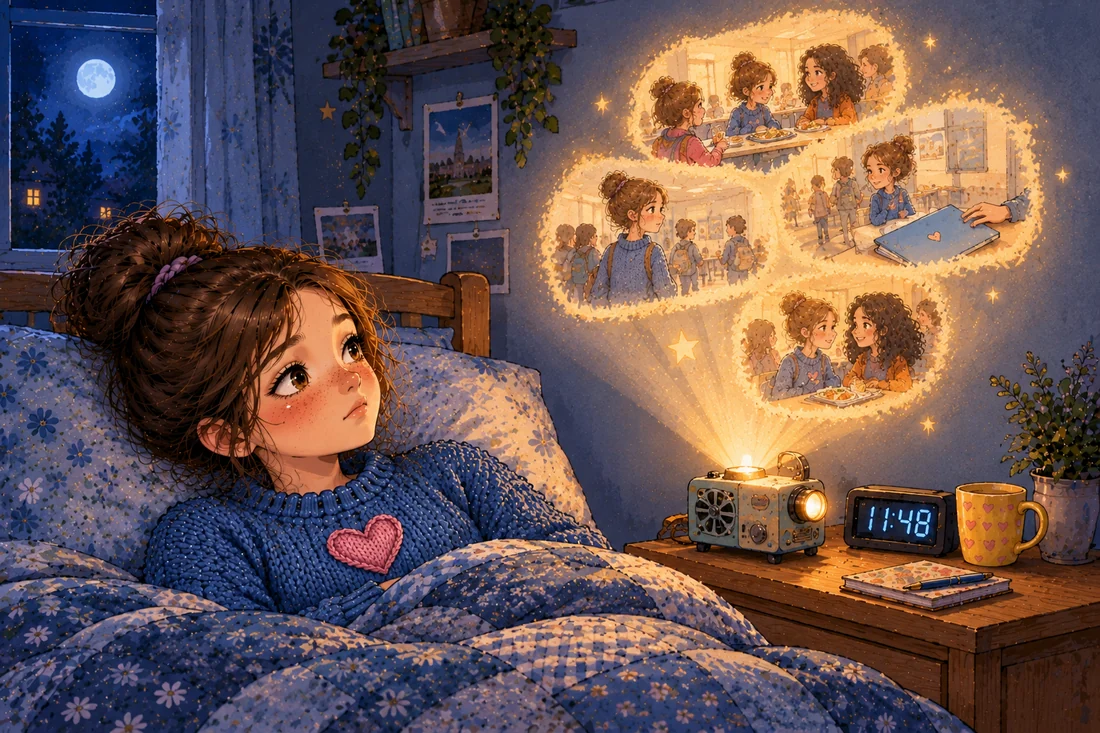 Lina lies awake in bed at night while a small retro projector on her nightstand beams tiny glowing scenes of a lunch table onto her bedroom wall, a clock reading 11:48.