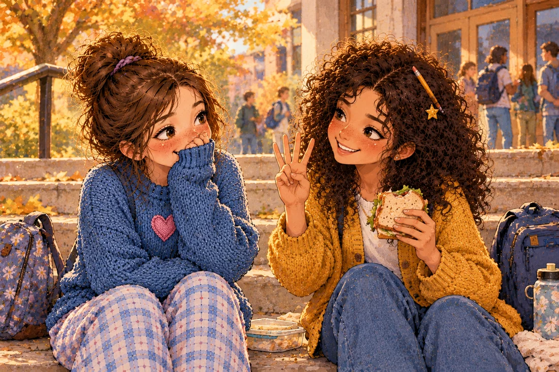 Lina and Zoe sit on the school steps at lunch, Zoe counting on her fingers with a sandwich in her other hand while Lina laughs and hides her face in her sleeve.