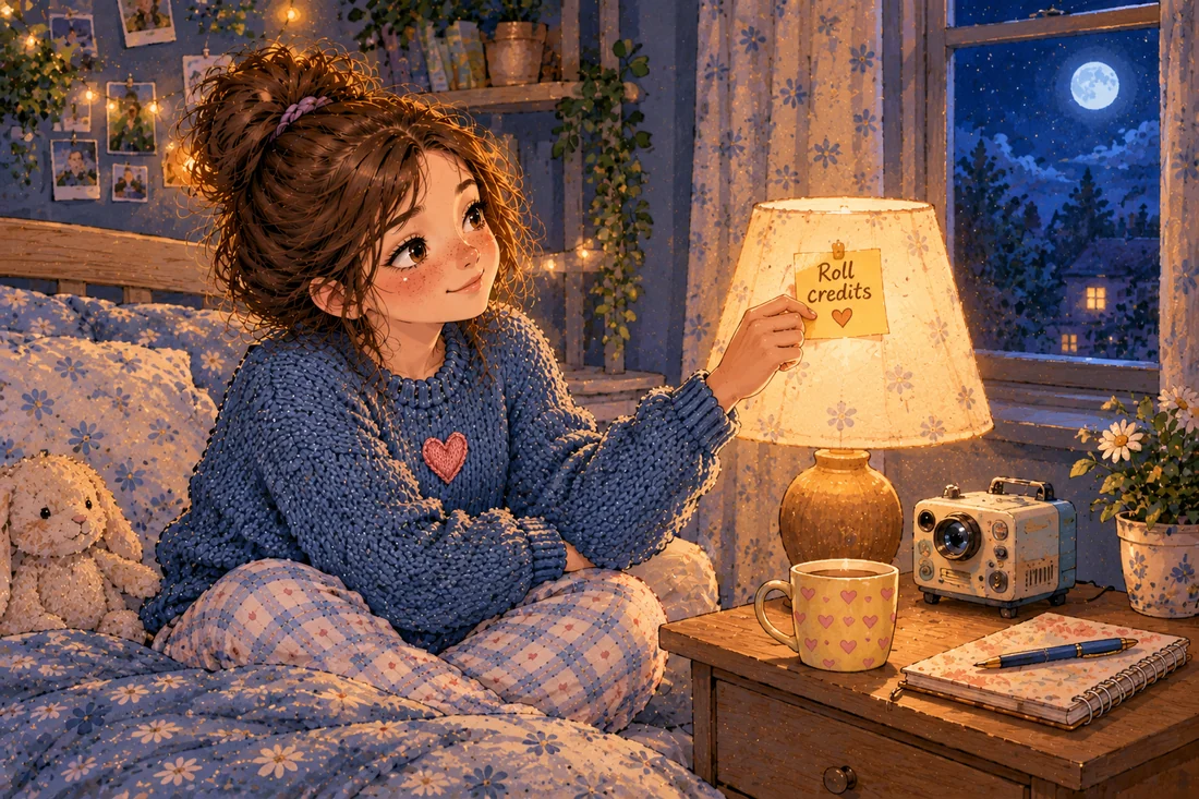 Lina sits on her bed in lamplight pressing a yellow sticky note that says Roll credits onto her bedside lamp, the little retro projector turned off beside a yellow mug with little pink hearts.