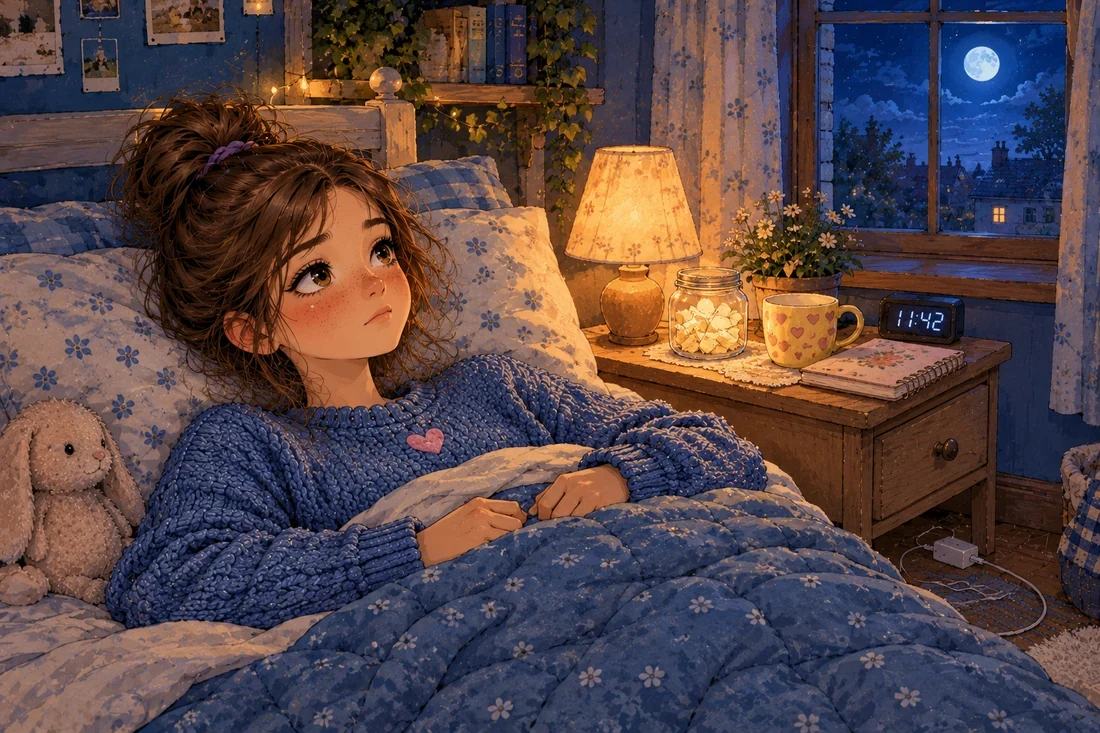 Lina lies awake in bed at night under a blue quilt, a small glass jar of paper slips glowing on the nightstand beside a yellow mug and a notebook.