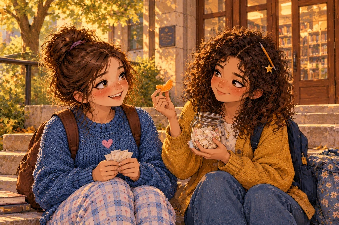 Lina and Zoe sit on the library steps in warm afternoon light, Zoe holding out a clean glass jar while Lina laughs and holds a few small paper slips.