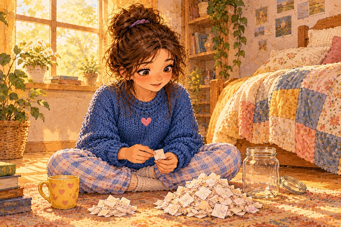 Lina sits cross-legged on her bedroom floor in soft morning light, sorting small paper slips into two small piles beside a yellow mug and an open jar.